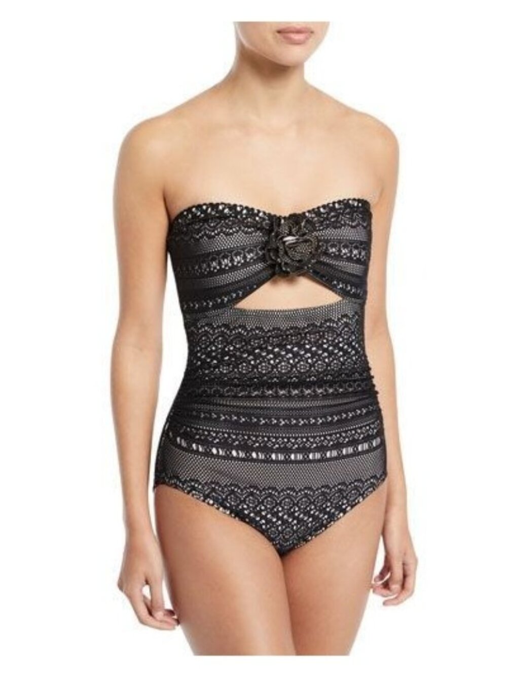 Kate Spade Point Loma Crochet Rosette  One Piece Swimsuit Black Medium NWOT